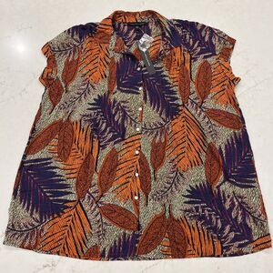 Jane & Delancey NEW Womens Large Button Down Shirt Leaf Print Cap Sleeve Tunic‎